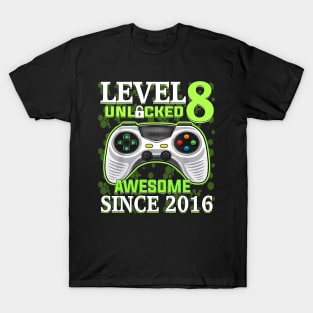 8 Year Old Boy Video Gamer Awesome Since 2016 8th Birthday T-Shirt